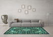 Machine Washable Medallion Turquoise Traditional Area Rugs in a Living Room,, wshtr2744turq