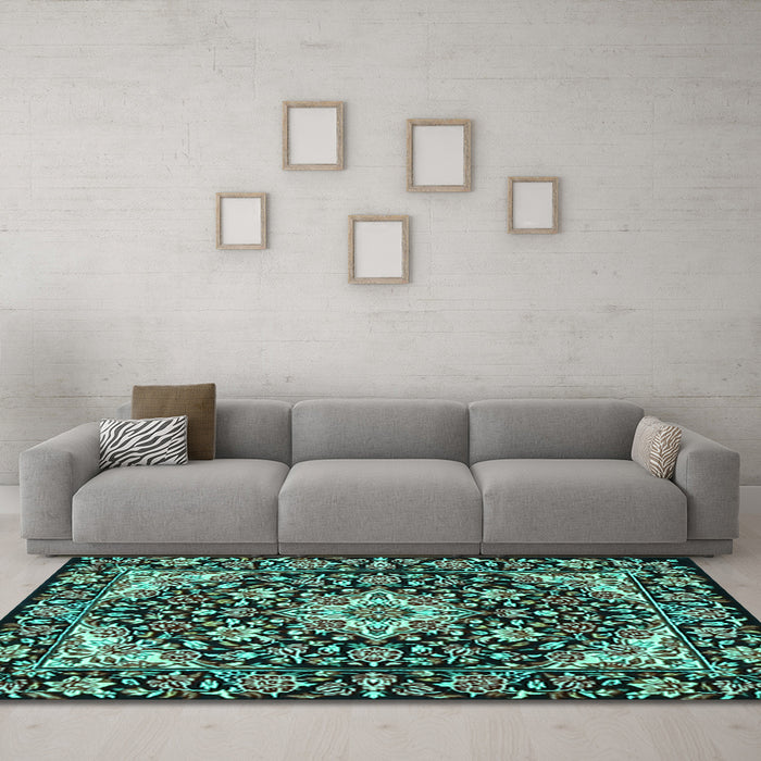 Machine Washable Medallion Turquoise Traditional Area Rugs in a Living Room,, wshtr2744turq