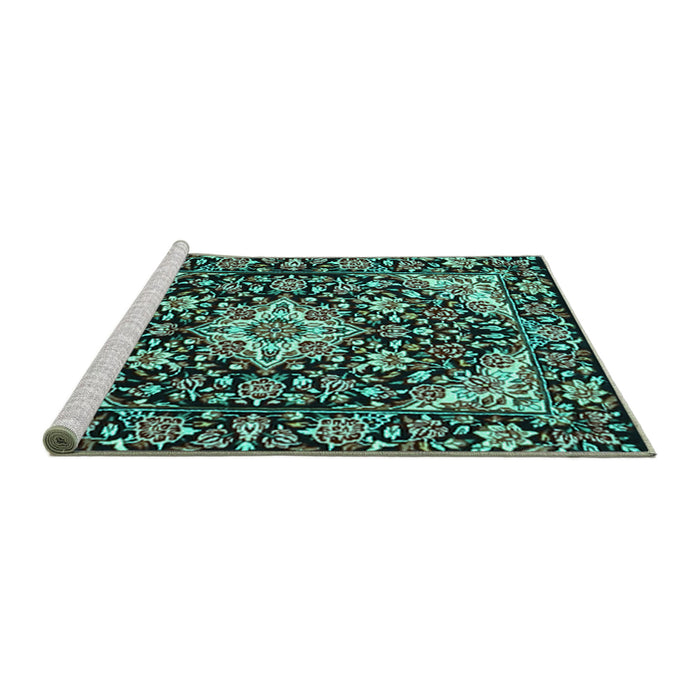 Sideview of Machine Washable Medallion Turquoise Traditional Area Rugs, wshtr2744turq