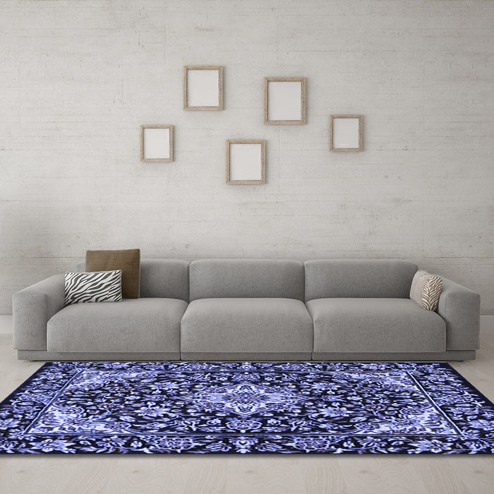Machine Washable Medallion Blue Traditional Rug in a Living Room, wshtr2744blu