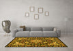 Machine Washable Medallion Yellow Traditional Rug in a Living Room, wshtr2744yw