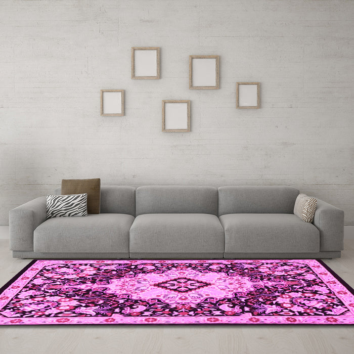 Machine Washable Medallion Pink Traditional Rug in a Living Room, wshtr2745pnk