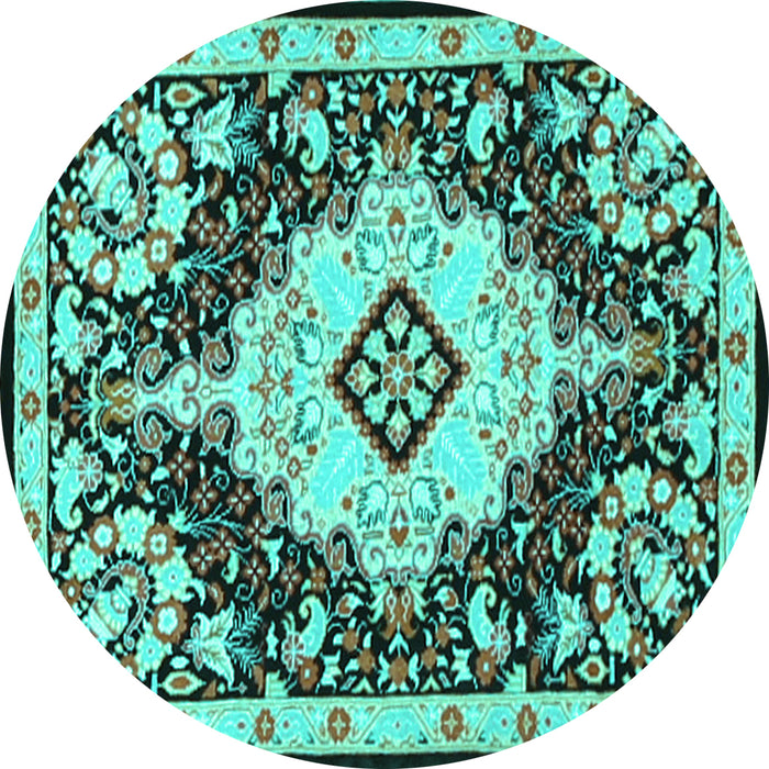 Round Machine Washable Medallion Turquoise Traditional Area Rugs, wshtr2745turq