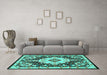 Machine Washable Medallion Turquoise Traditional Area Rugs in a Living Room,, wshtr2745turq