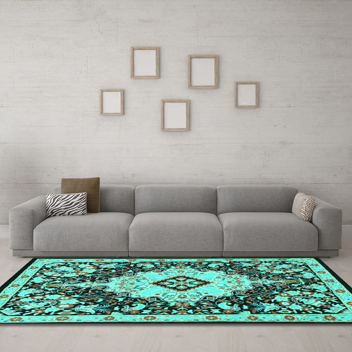 Machine Washable Medallion Turquoise Traditional Area Rugs in a Living Room,, wshtr2745turq