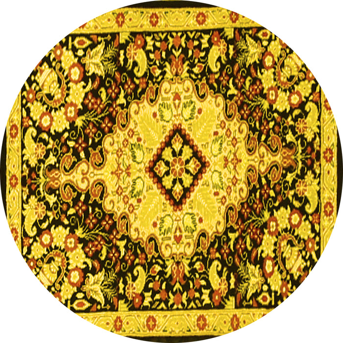 Round Machine Washable Medallion Yellow Traditional Rug, wshtr2745yw