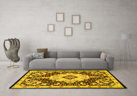 Machine Washable Medallion Yellow Traditional Rug, wshtr2745yw