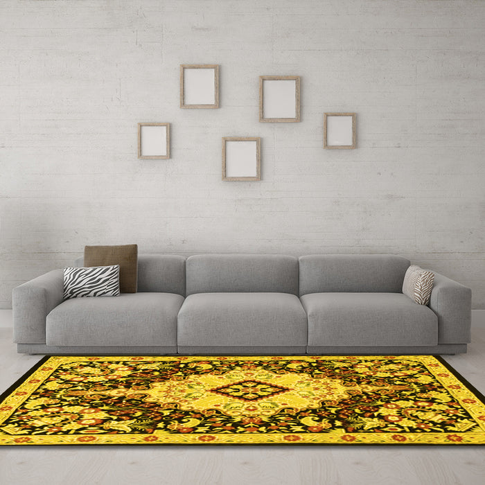 Machine Washable Medallion Yellow Traditional Rug in a Living Room, wshtr2745yw