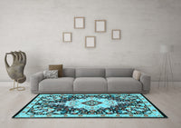 Machine Washable Medallion Light Blue Traditional Rug, wshtr2745lblu