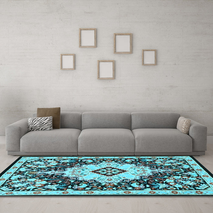 Machine Washable Medallion Light Blue Traditional Rug in a Living Room, wshtr2745lblu