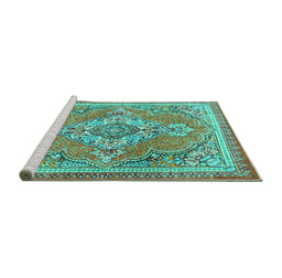 Sideview of Machine Washable Persian Turquoise Traditional Area Rugs, wshtr2746turq