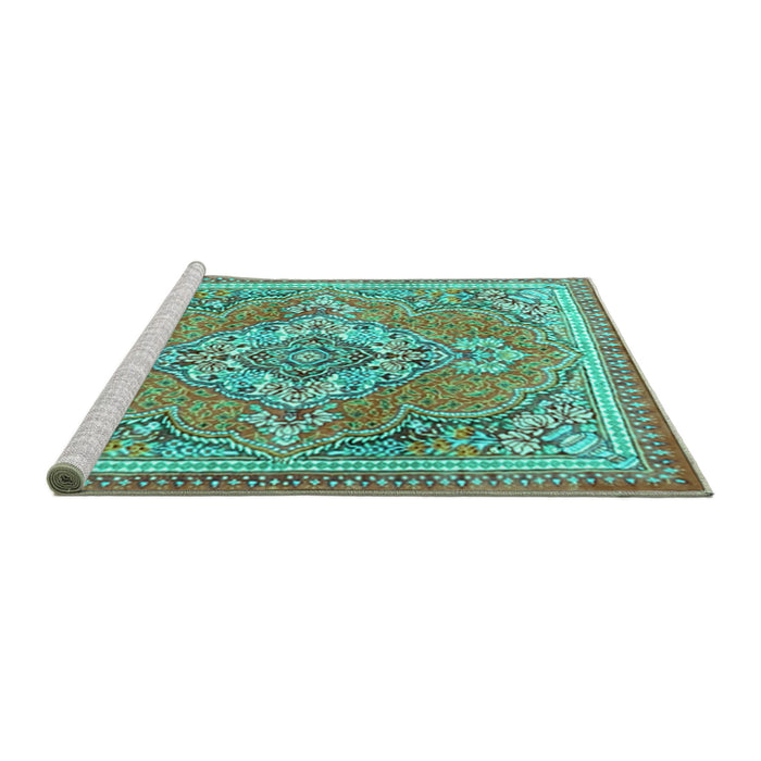 Sideview of Machine Washable Persian Turquoise Traditional Area Rugs, wshtr2746turq
