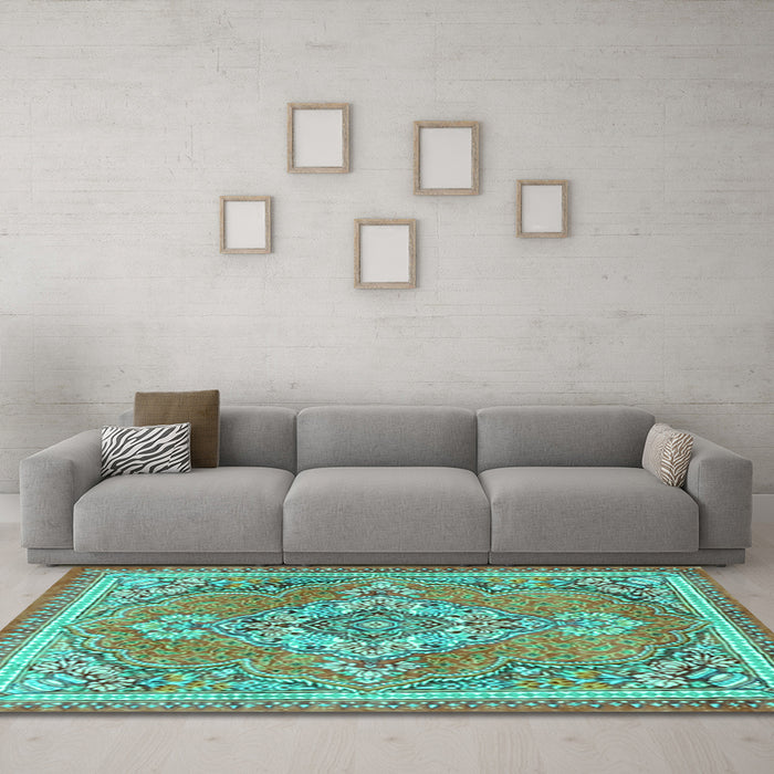 Machine Washable Persian Turquoise Traditional Area Rugs in a Living Room,, wshtr2746turq
