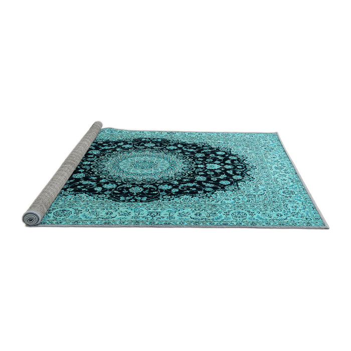 Sideview of Machine Washable Medallion Light Blue Traditional Rug, wshtr2747lblu