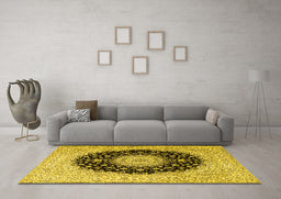 Machine Washable Medallion Yellow Traditional Rug in a Living Room, wshtr2747yw