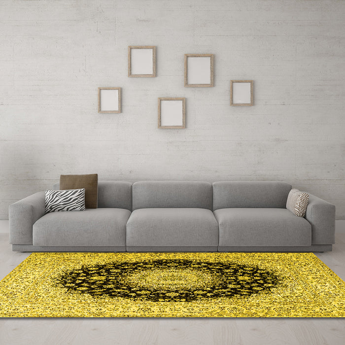 Machine Washable Medallion Yellow Traditional Rug in a Living Room, wshtr2747yw