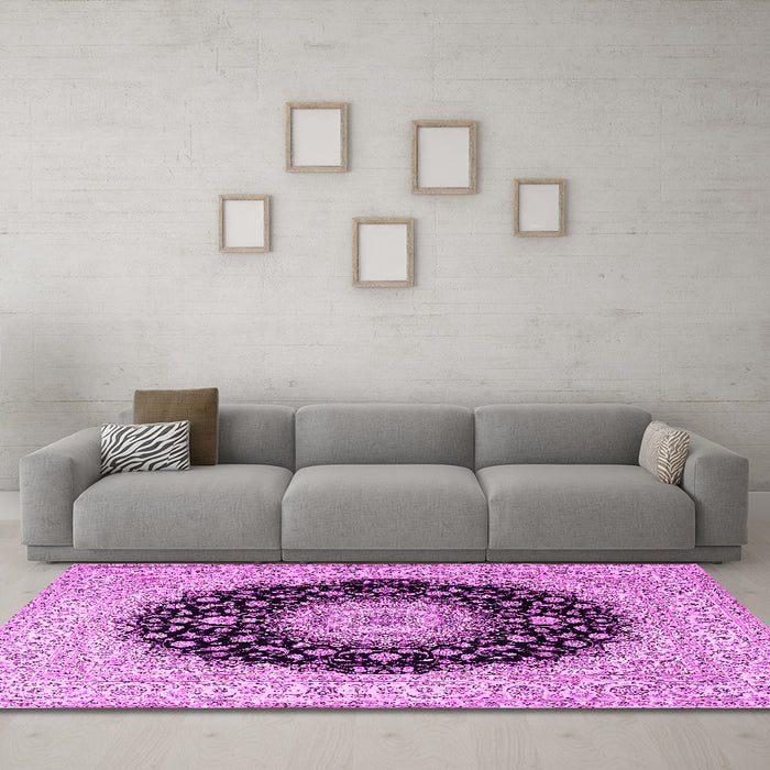Machine Washable Medallion Pink Traditional Rug in a Living Room, wshtr2747pnk