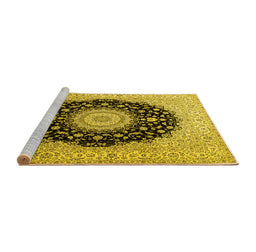 Sideview of Machine Washable Medallion Yellow Traditional Rug, wshtr2747yw