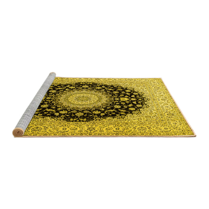 Sideview of Machine Washable Medallion Yellow Traditional Rug, wshtr2747yw
