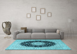 Machine Washable Medallion Light Blue Traditional Rug in a Living Room, wshtr2747lblu
