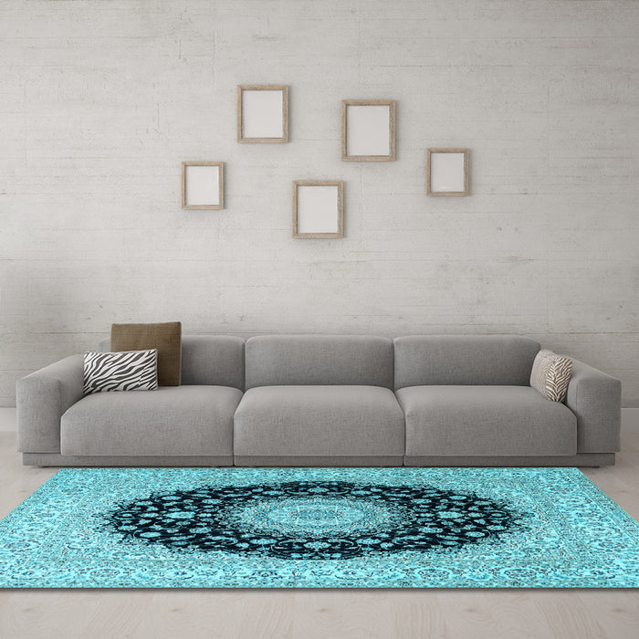 Machine Washable Medallion Light Blue Traditional Rug in a Living Room, wshtr2747lblu