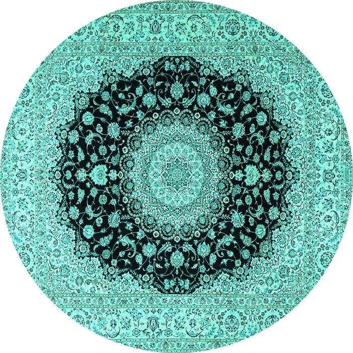 Round Machine Washable Medallion Turquoise Traditional Area Rugs, wshtr2747turq