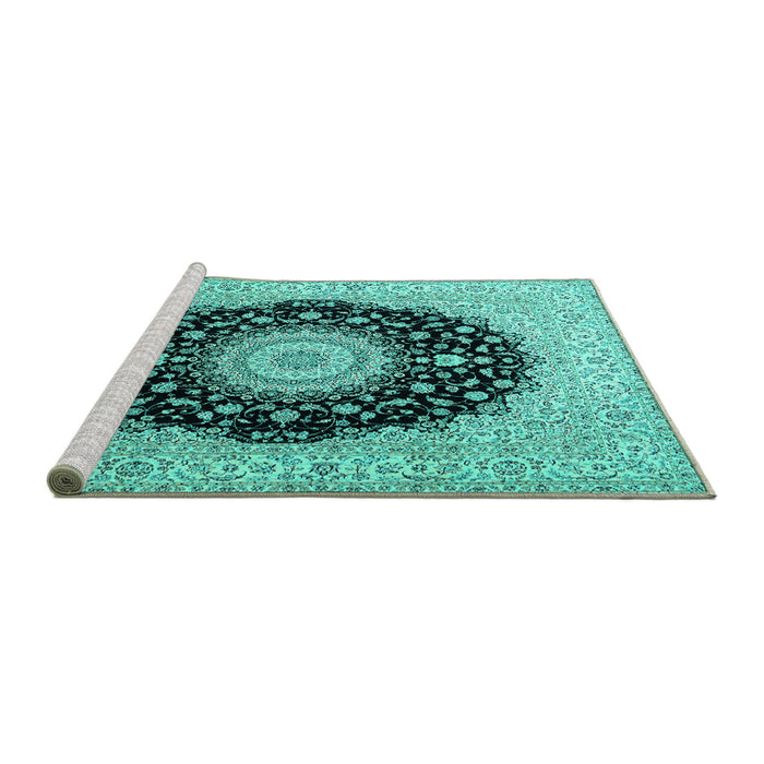 Sideview of Machine Washable Medallion Turquoise Traditional Area Rugs, wshtr2747turq