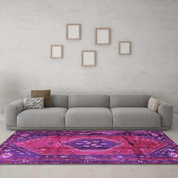 Machine Washable Persian Purple Traditional Area Rugs in a Living Room, wshtr2749pur