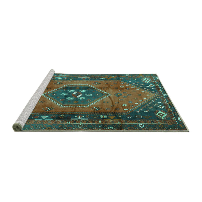 Sideview of Machine Washable Persian Turquoise Traditional Area Rugs, wshtr2749turq