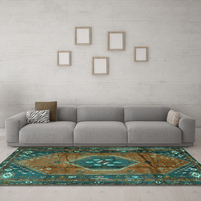 Machine Washable Persian Turquoise Traditional Area Rugs in a Living Room,, wshtr2749turq