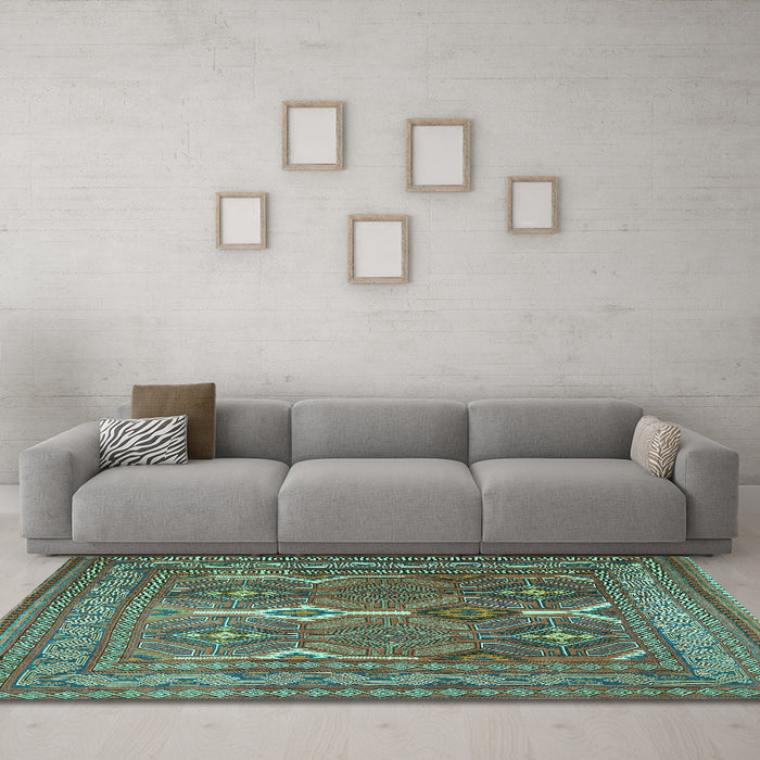 Machine Washable Persian Turquoise Traditional Area Rugs in a Living Room,, wshtr2751turq