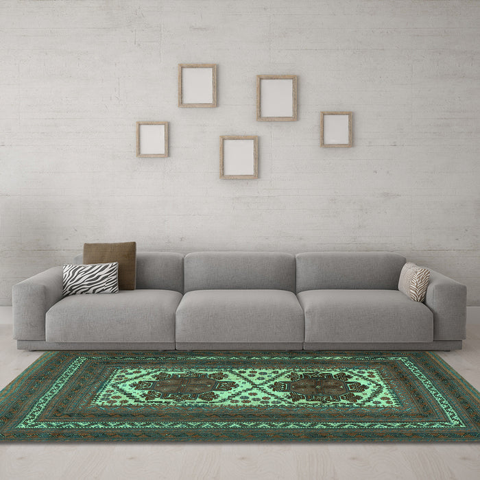 Machine Washable Persian Turquoise Traditional Area Rugs in a Living Room,, wshtr2752turq