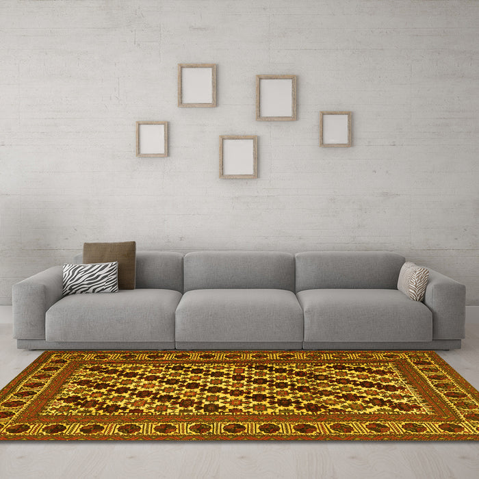 Machine Washable Persian Yellow Traditional Rug in a Living Room, wshtr2753yw