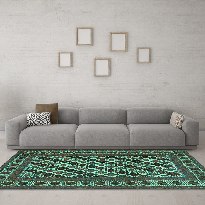 Machine Washable Persian Turquoise Traditional Area Rugs in a Living Room,, wshtr2753turq
