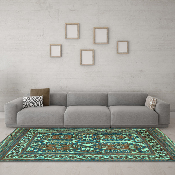 Machine Washable Persian Turquoise Traditional Area Rugs in a Living Room,, wshtr2755turq