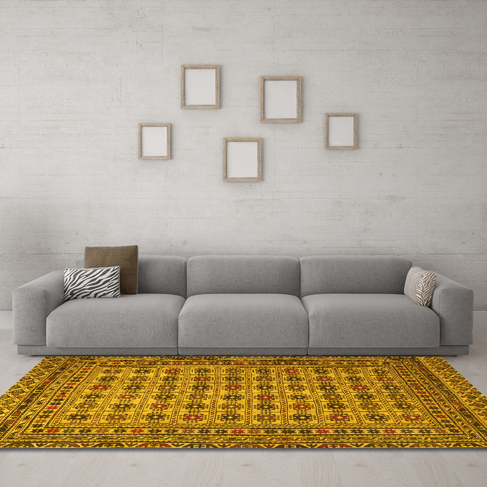 Machine Washable Southwestern Yellow Country Rug in a Living Room, wshtr2758yw