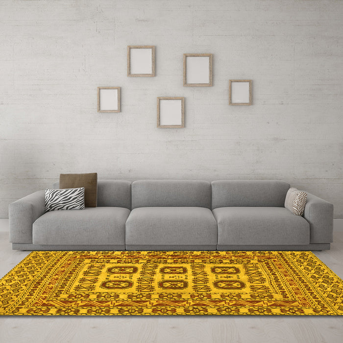 Machine Washable Southwestern Yellow Country Rug in a Living Room, wshtr2759yw