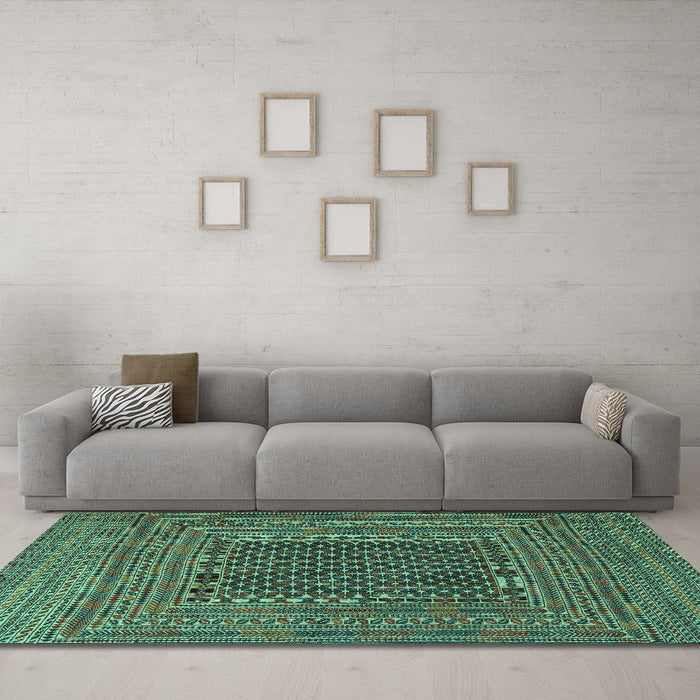 Machine Washable Southwestern Turquoise Country Area Rugs in a Living Room,, wshtr2763turq