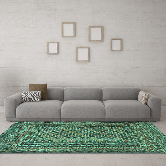 Machine Washable Southwestern Turquoise Country Area Rugs in a Living Room,, wshtr2768turq