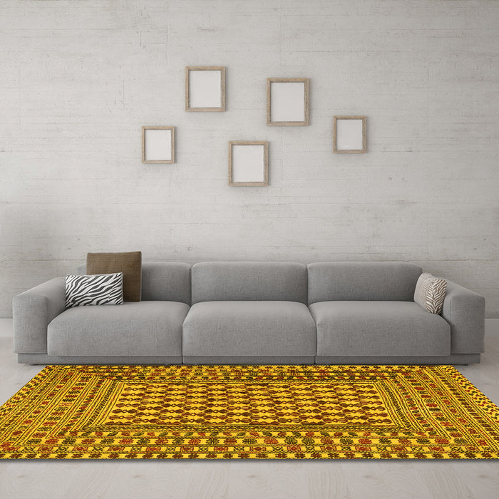 Machine Washable Southwestern Yellow Country Rug in a Living Room, wshtr2769yw