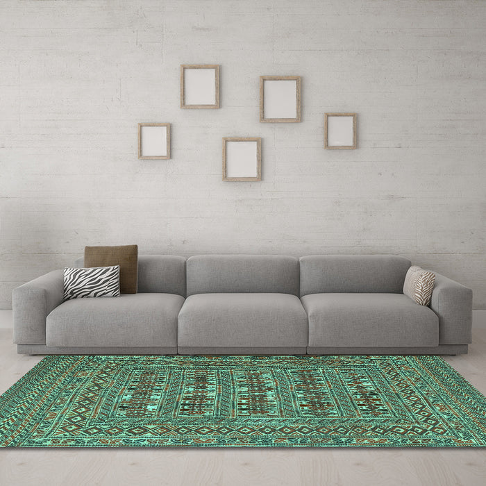 Machine Washable Southwestern Turquoise Country Area Rugs in a Living Room,, wshtr2773turq