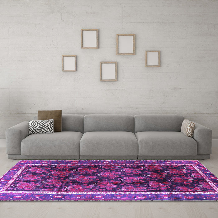 Machine Washable Persian Purple Traditional Area Rugs in a Living Room, wshtr2775pur