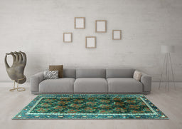 Machine Washable Persian Turquoise Traditional Area Rugs in a Living Room,, wshtr2775turq