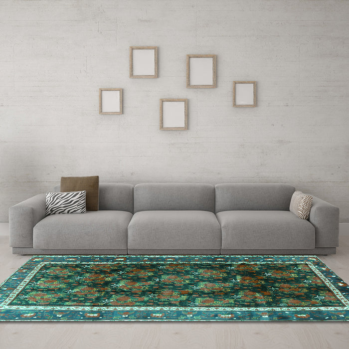 Machine Washable Persian Turquoise Traditional Area Rugs in a Living Room,, wshtr2775turq