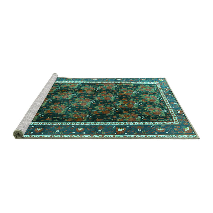 Sideview of Machine Washable Persian Turquoise Traditional Area Rugs, wshtr2775turq