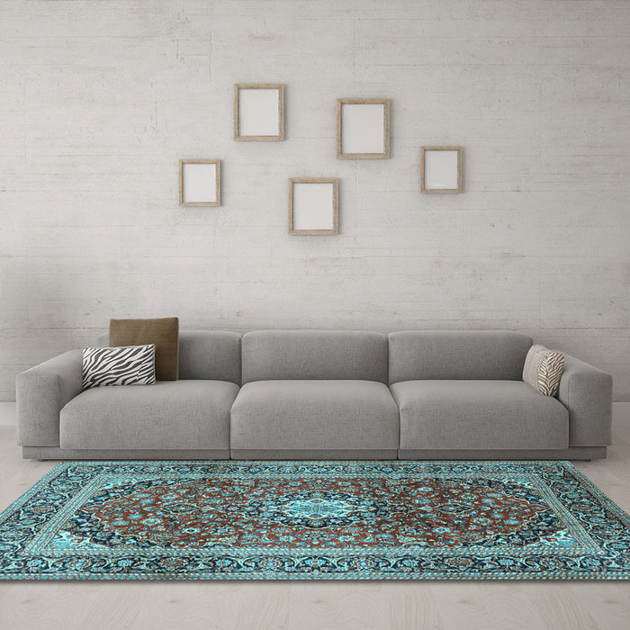 Machine Washable Medallion Light Blue Traditional Rug in a Living Room, wshtr2776lblu