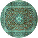 Round Machine Washable Medallion Turquoise Traditional Area Rugs, wshtr2776turq