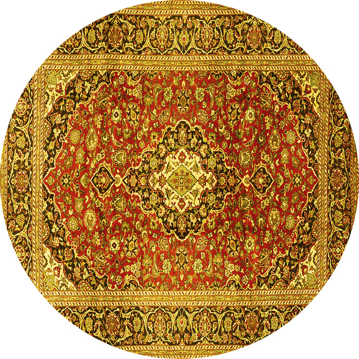 Round Machine Washable Medallion Yellow Traditional Rug, wshtr2776yw