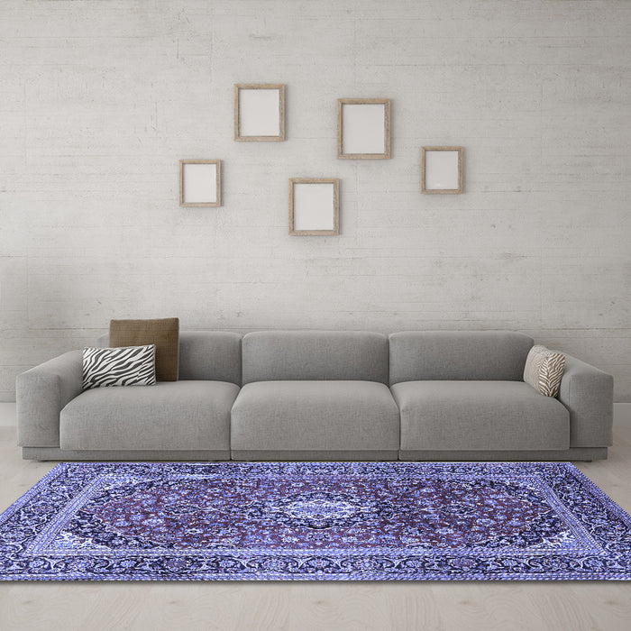 Machine Washable Medallion Blue Traditional Rug in a Living Room, wshtr2776blu