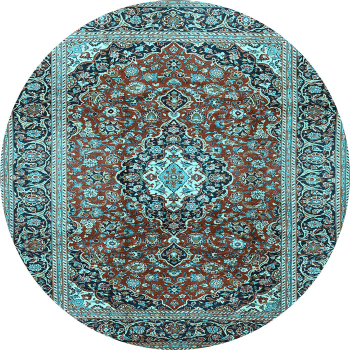 Round Machine Washable Medallion Light Blue Traditional Rug, wshtr2776lblu